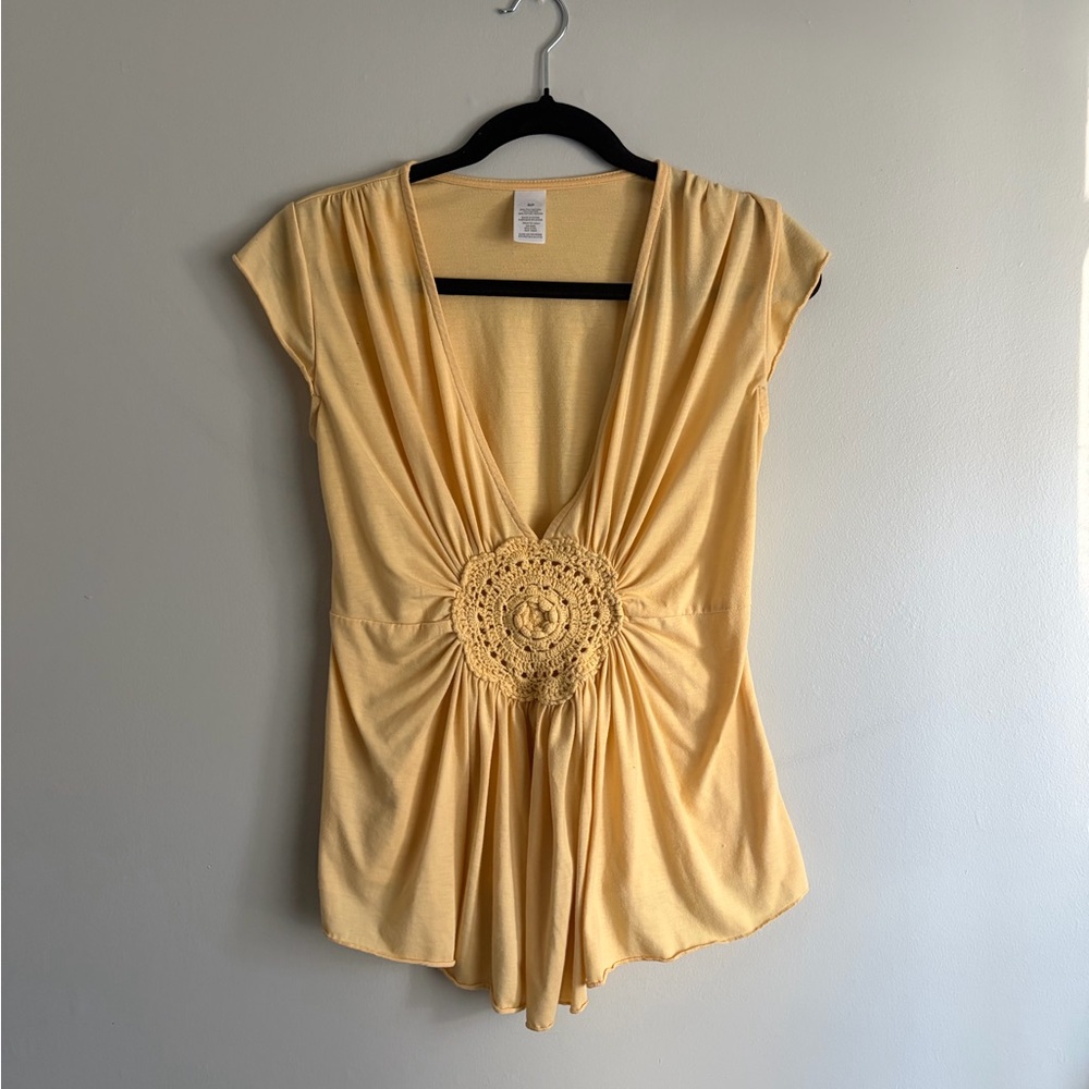 Yellow Crochet Accent Short Sleeve Top